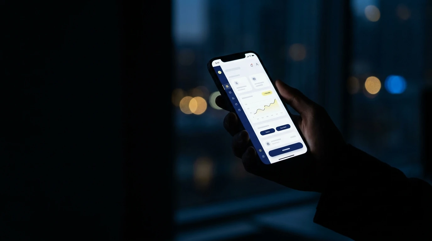 Hand hält ein Smartphone mit einer aufgeräumten Business-App im dunklen Büro