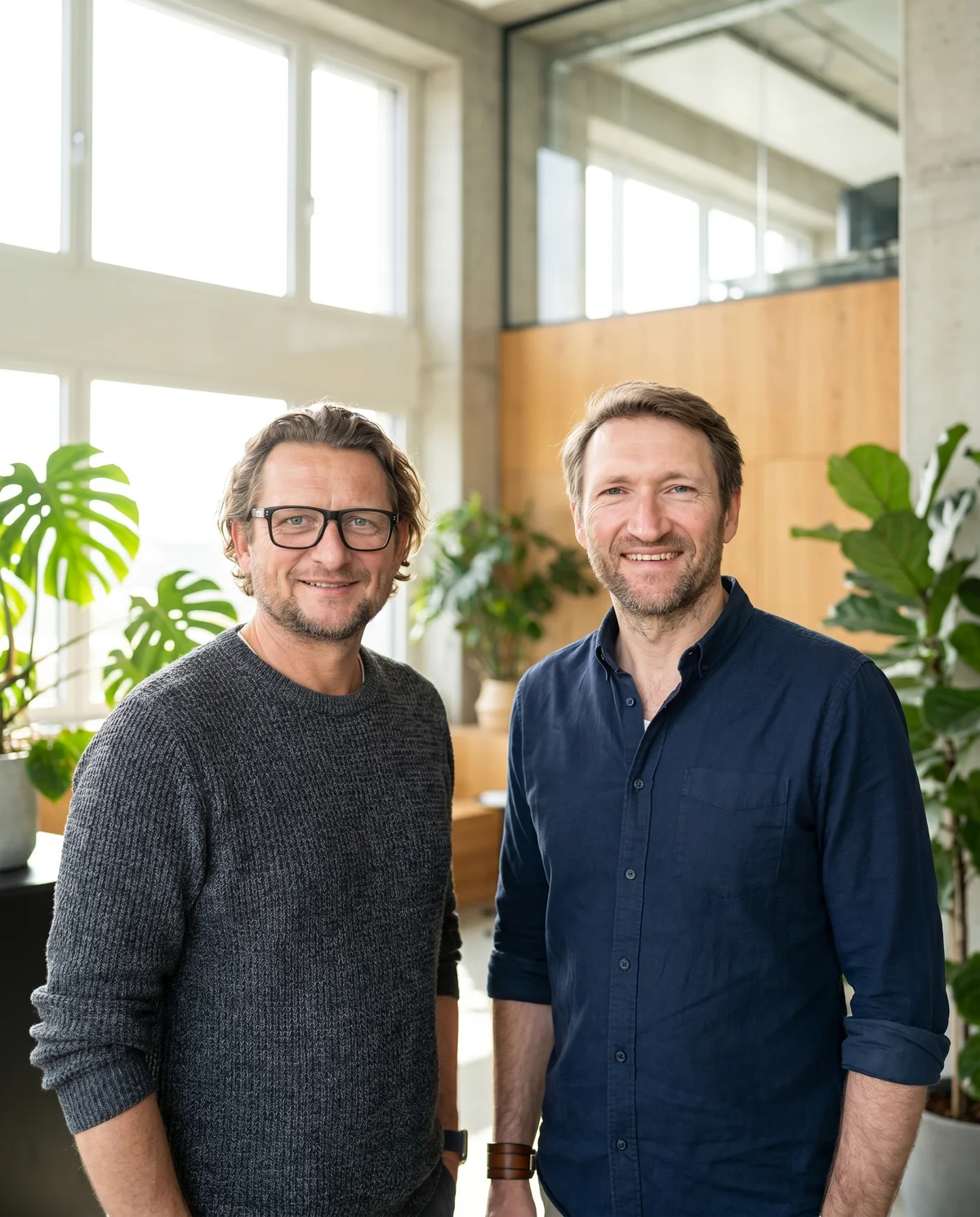 Die beiden Gründer von Flowagenten in einem hellen Büro