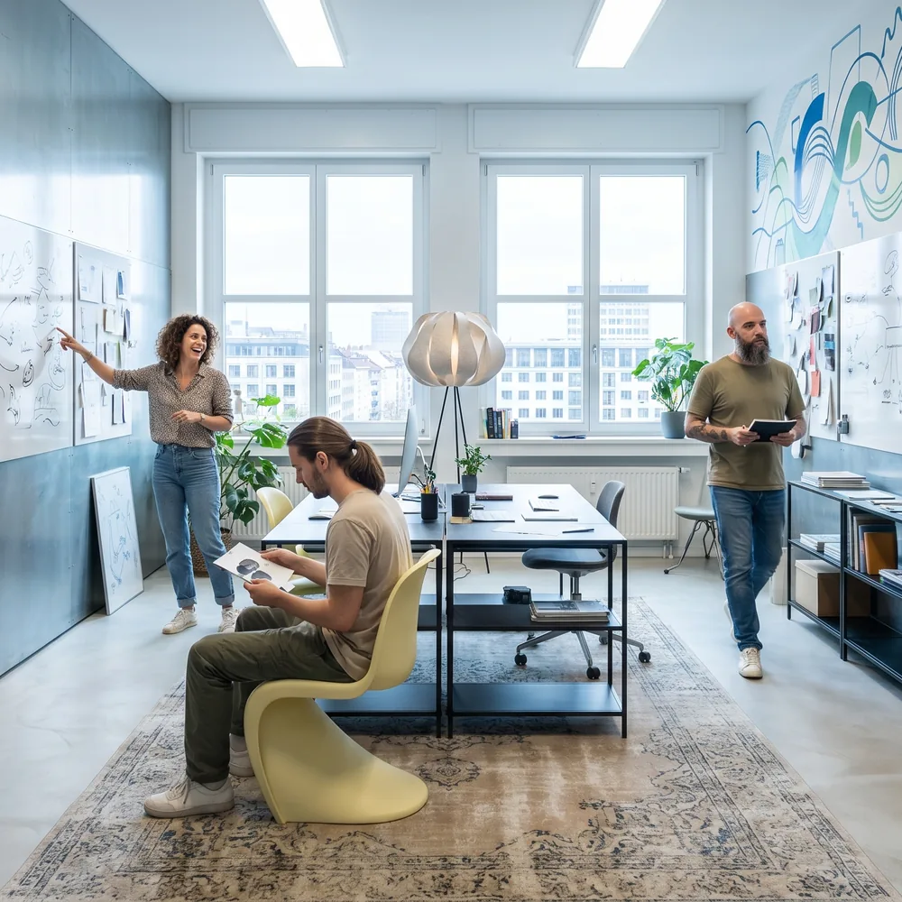 Team stimmt sich im hellen Büro gemeinsam über die Tagesplanung ab