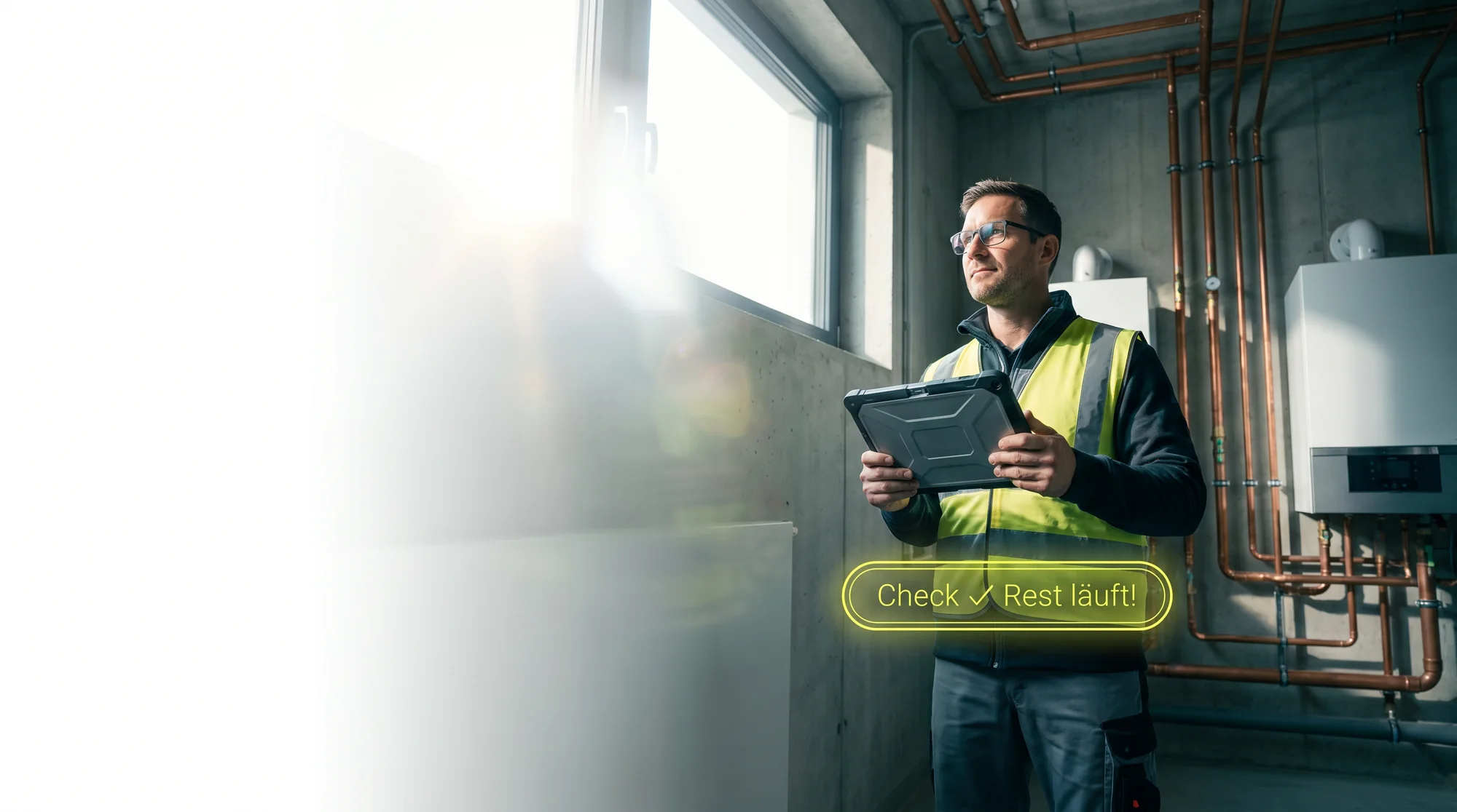 Handwerker mit Warnweste und Tablet vor einer Haustechnik-Installation