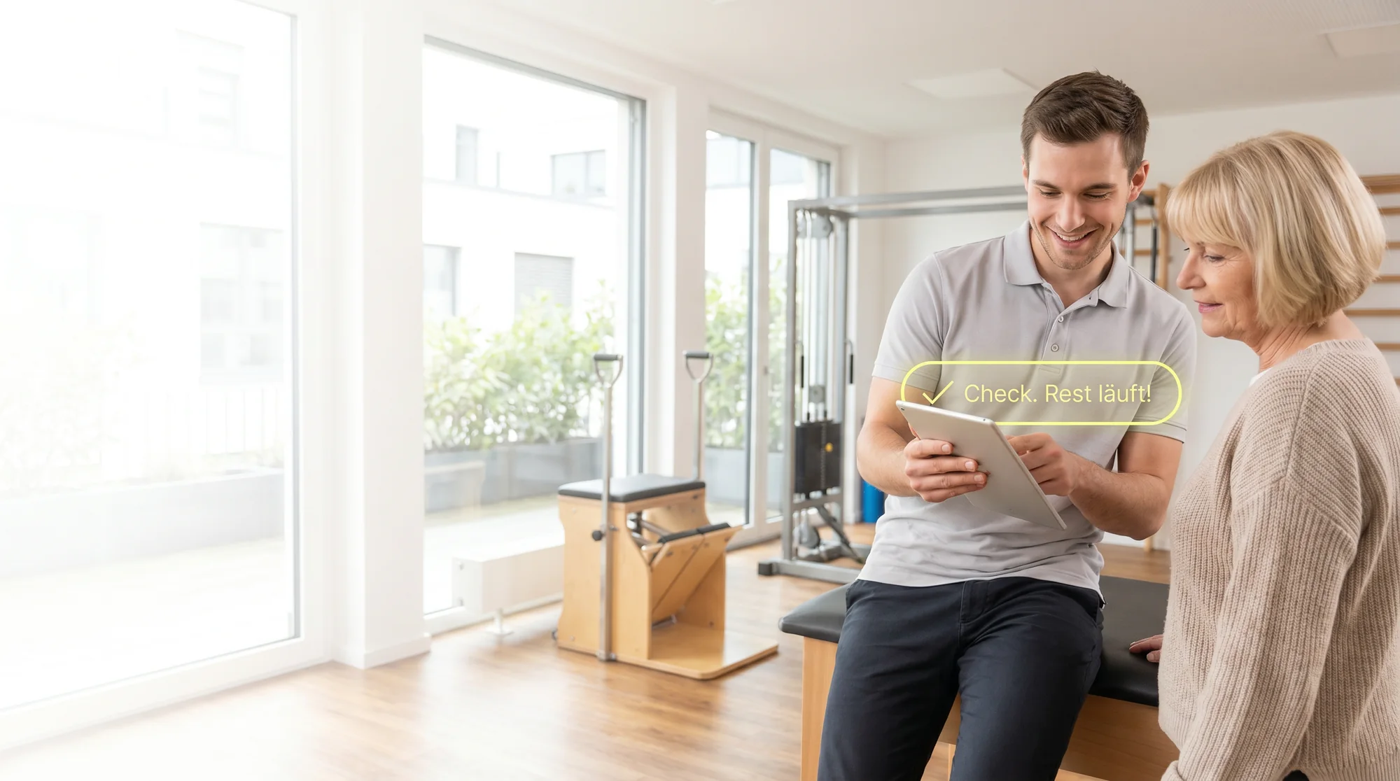 Physiotherapeut und Patientin mit Tablet in einem hellen Therapieraum