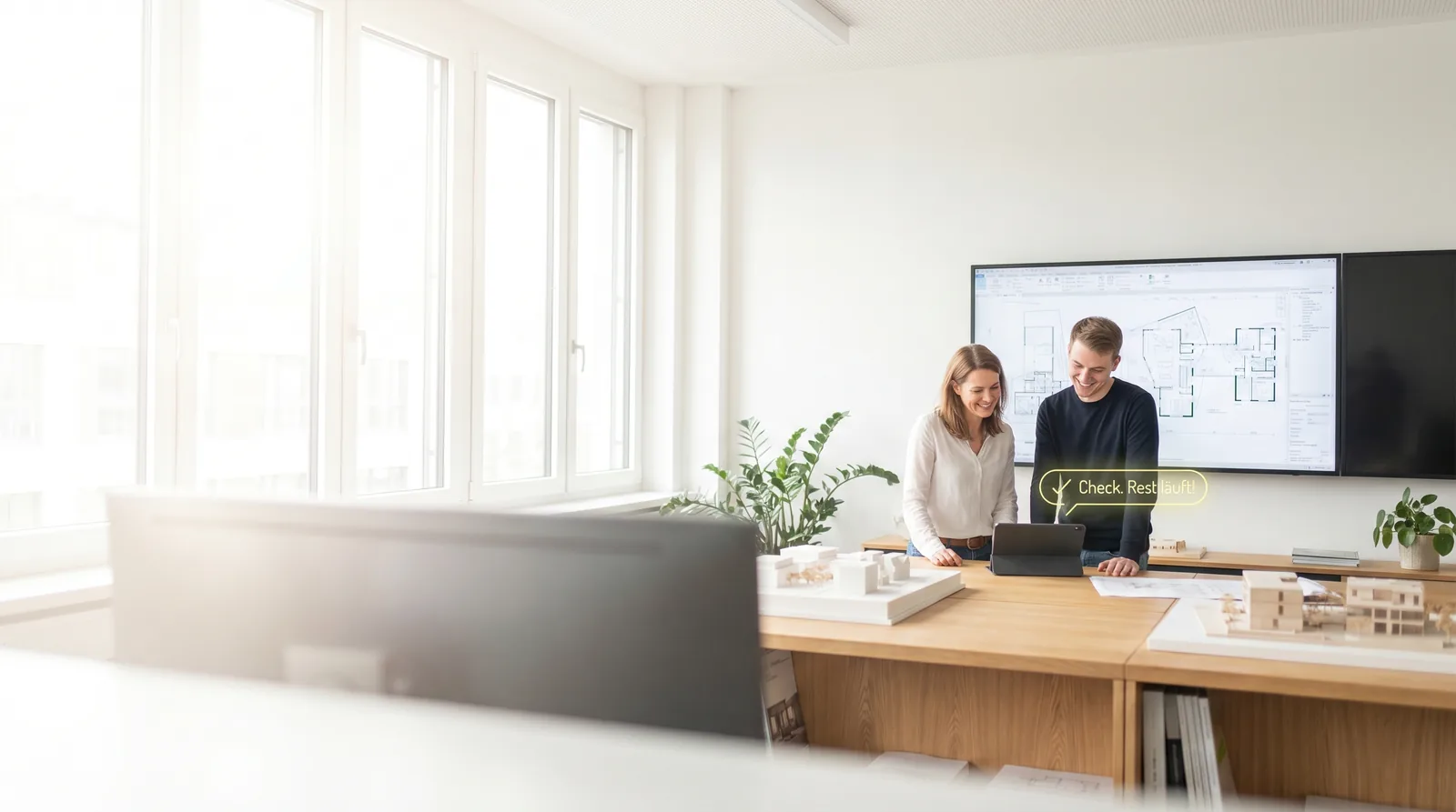 Team plant am Bildschirm mit Grundriss in hellem Büro
