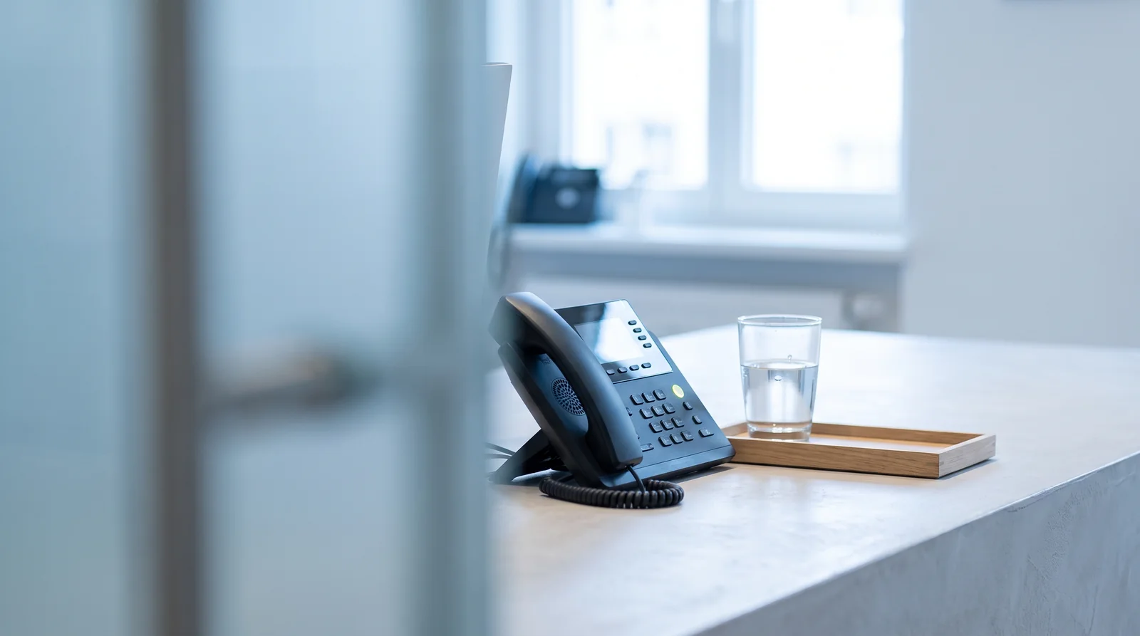 Modernes Tischtelefon mit Statuslicht am aufgeräumten Empfangstresen einer Arztpraxis