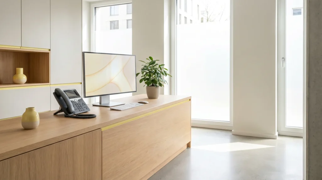 MFA am Empfang im hellen Praxis-Büro