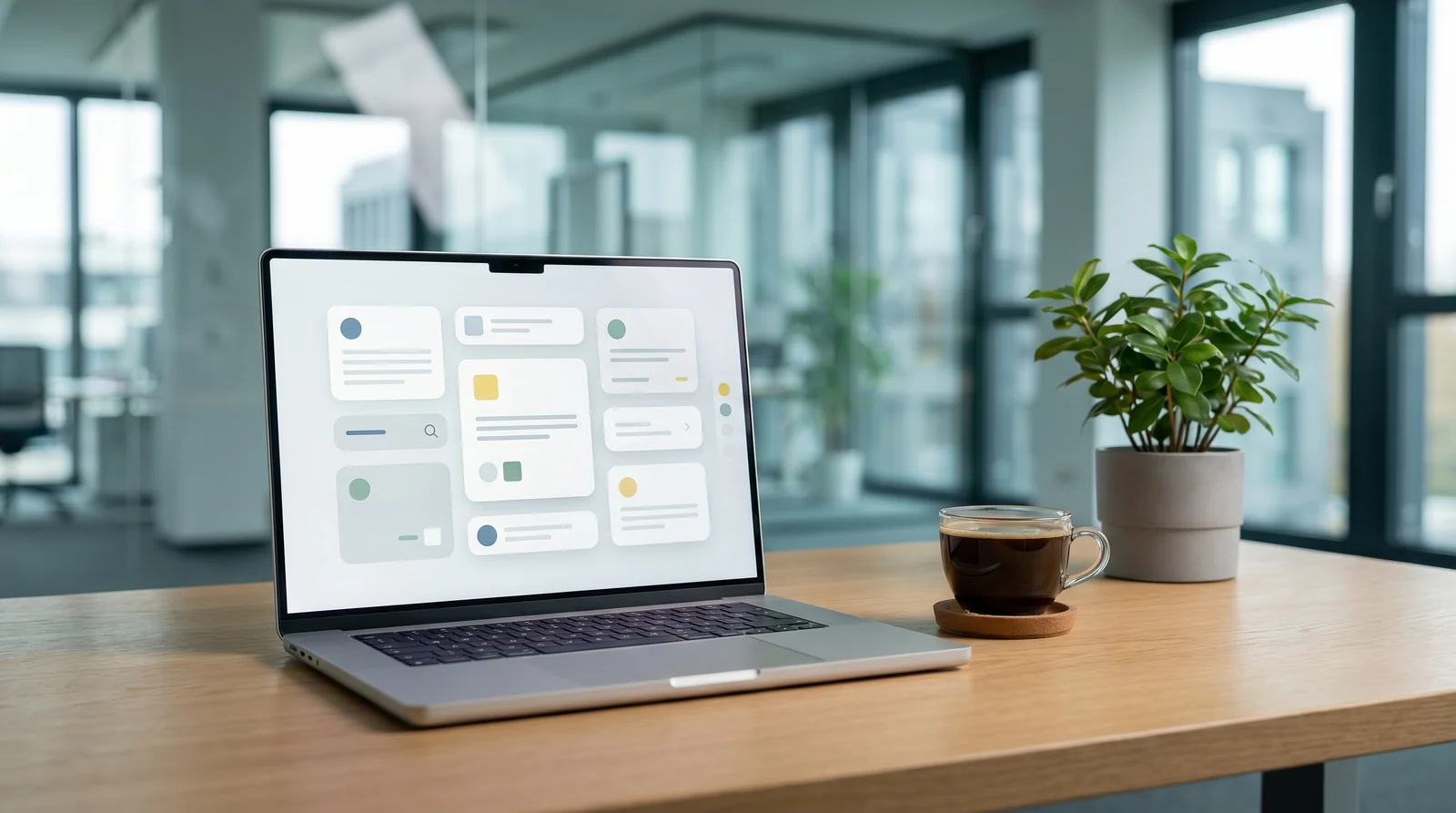 Laptop zeigt ein abstraktes FAQ-Karten-Layout als Sinnbild für automatisierte Antworten
