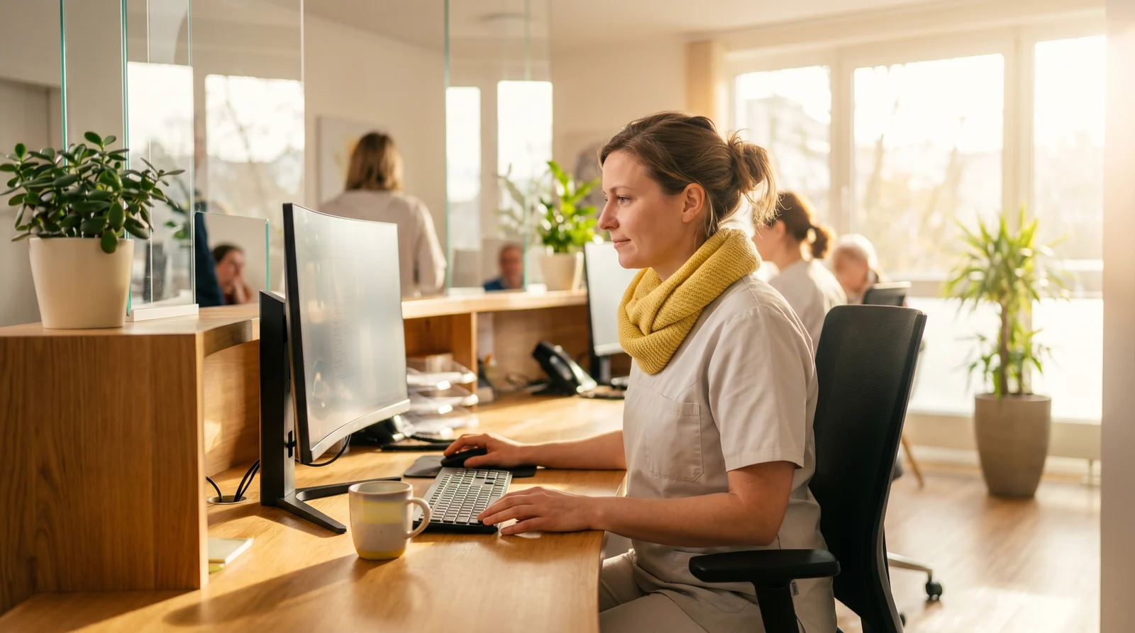 Entspannte medizinische Fachangestellte arbeitet ruhig am Empfangscomputer einer modernen Praxis