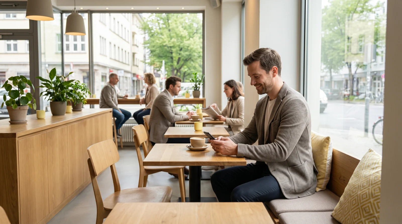 Patient bucht entspannt einen Arzttermin per Smartphone in einem hellen, modernen Cafe