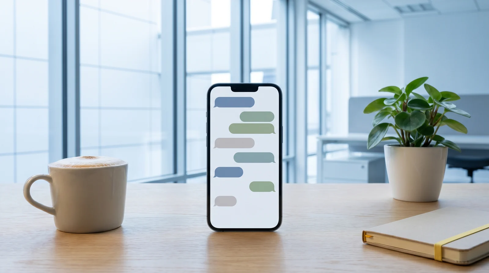 Smartphone mit abstrakter Chat-Oberfläche auf einem hellen Schreibtisch