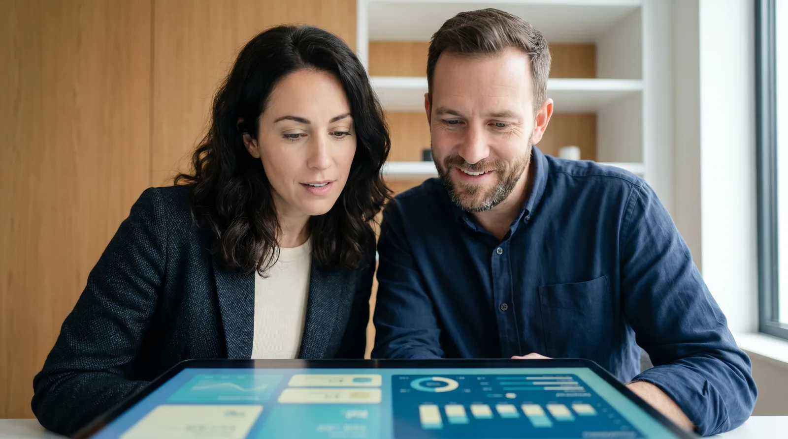 Zwei Personen blicken gemeinsam auf ein Dashboard