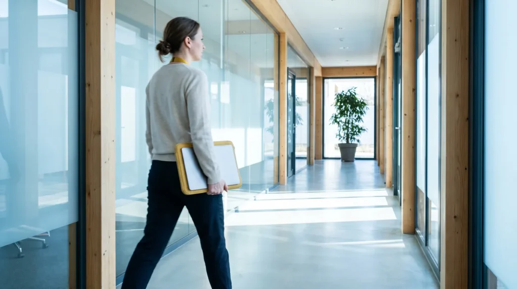 Mitarbeiterin im hellen Büro beantwortet Kundennachrichten