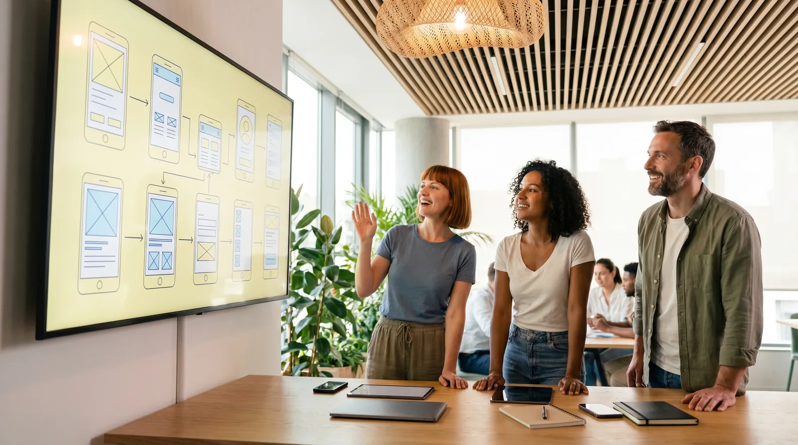 Team plant einen App-Bauplan an einem Display