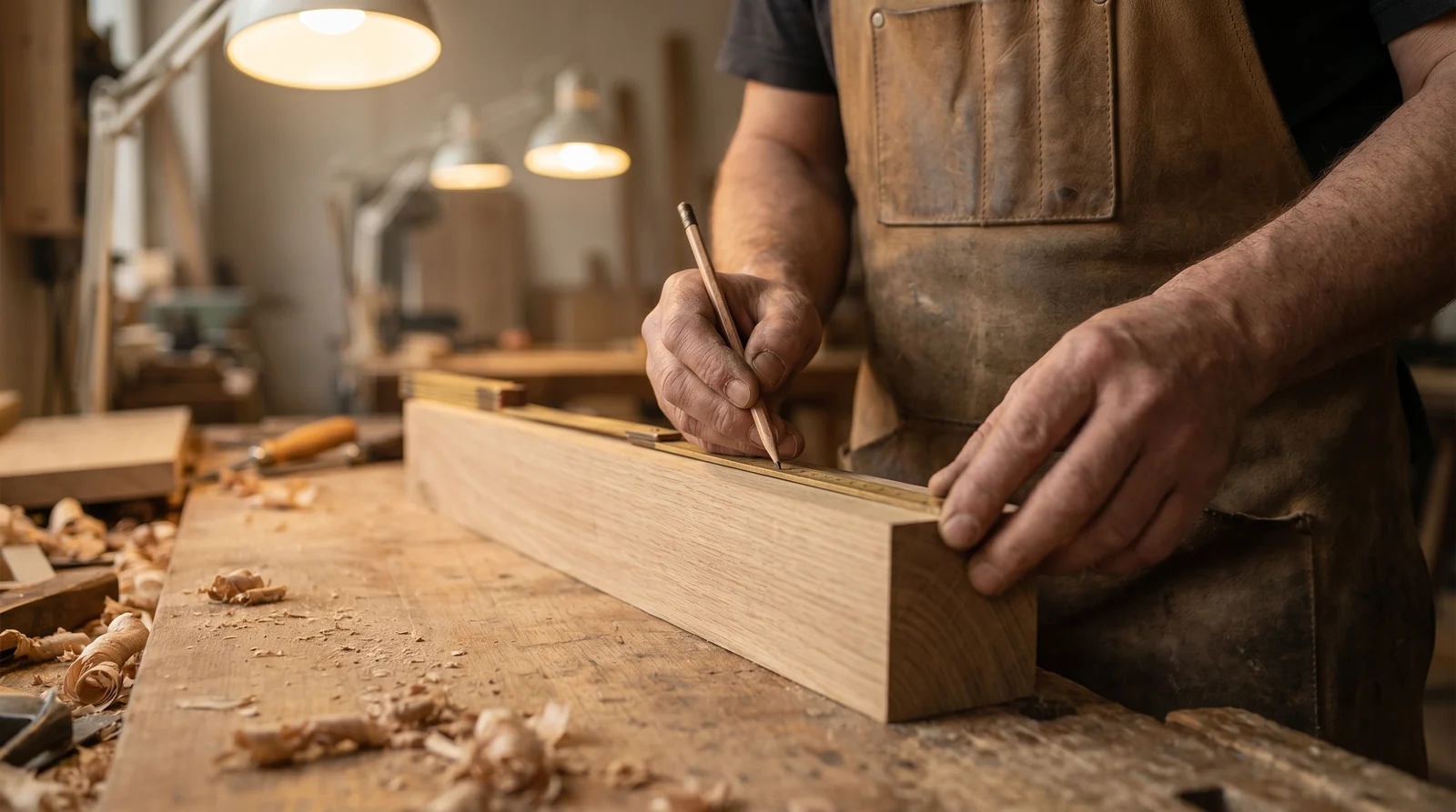 Hände messen einen Holzbalken mit dem Zollstock und markieren mit dem Bleistift