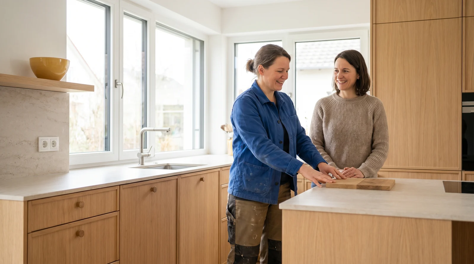 Handwerker erklärt einer Kundin Optionen in einer hellen Küche