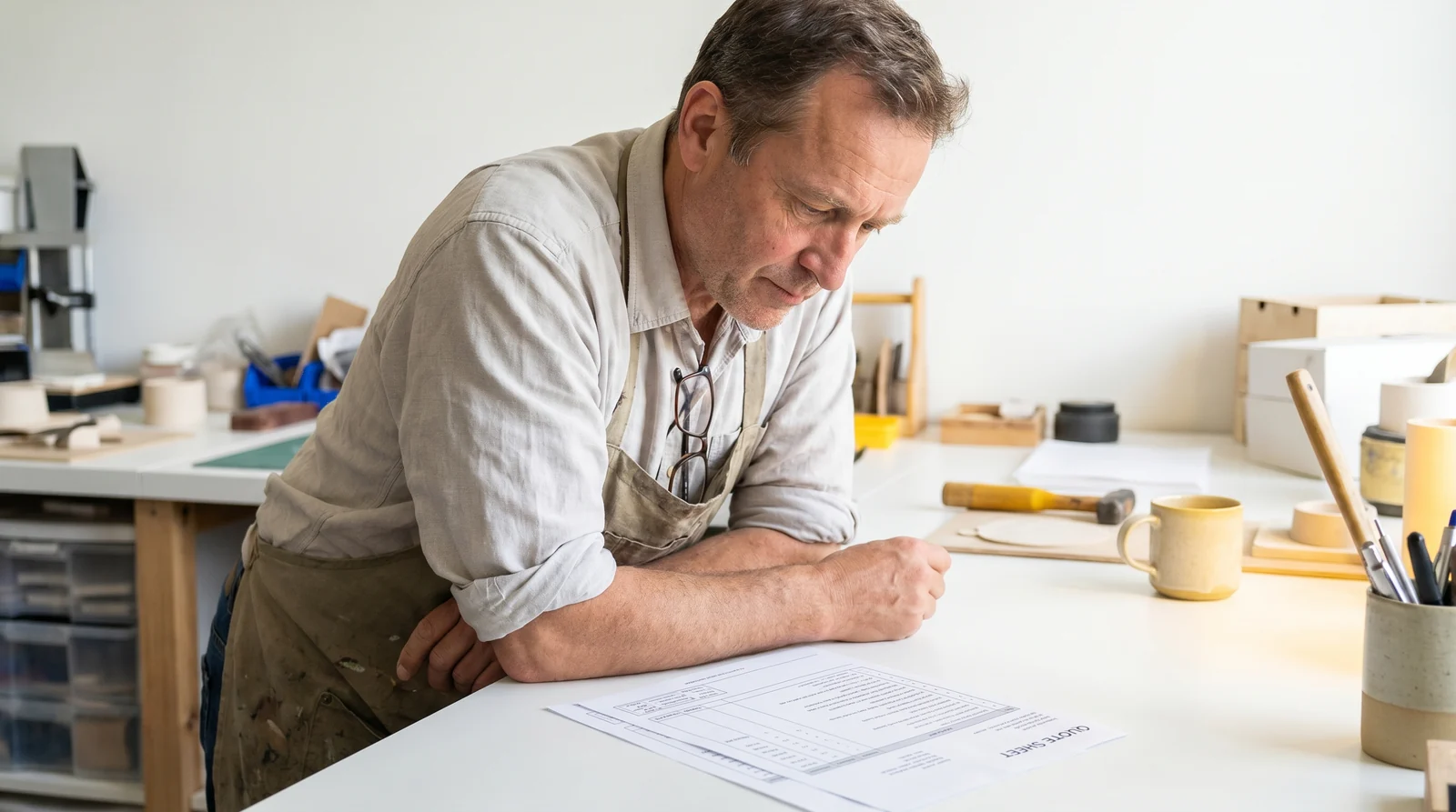 Handwerker prüft ein gedrucktes Angebot an der Werkbank