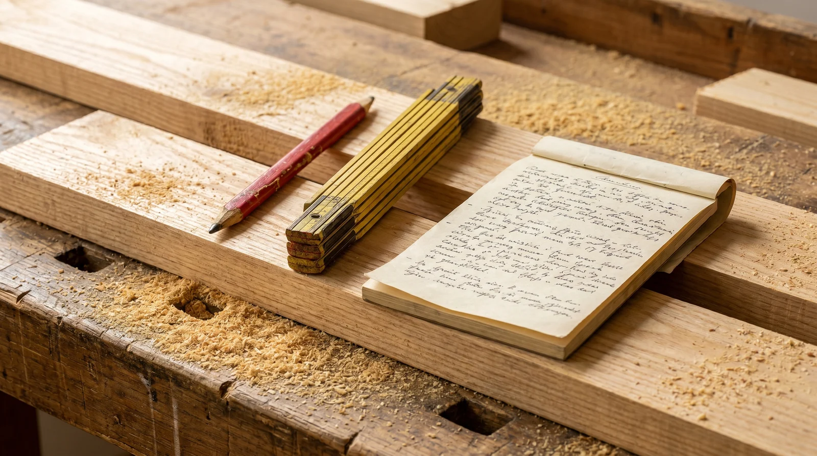 Handgeschriebener Angebots-Notizblock mit Zollstock und Bleistift auf gesägtem Holz