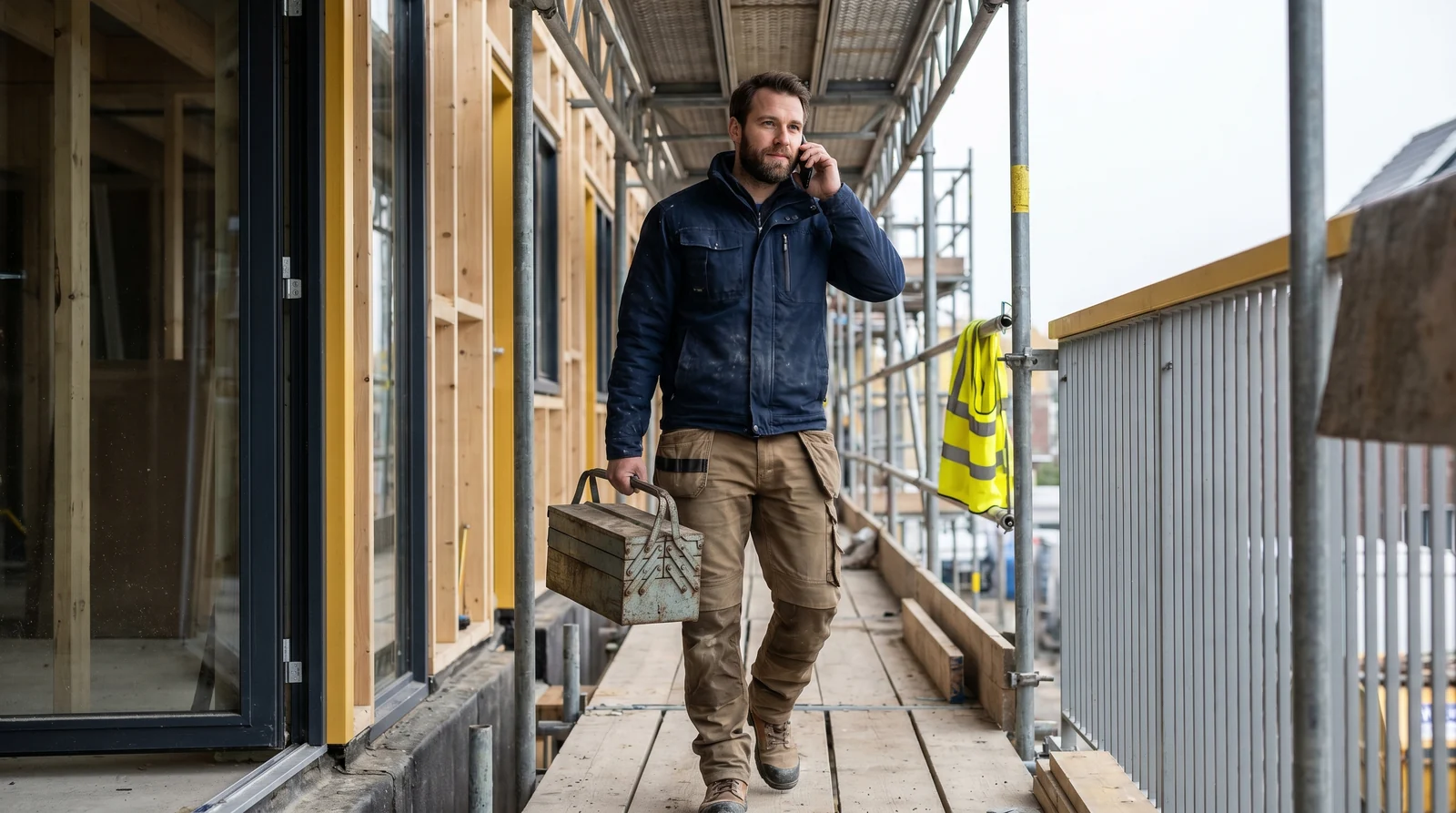 Handwerker geht mit Werkzeugkoffer auf die Baustelle, Smartphone am Ohr