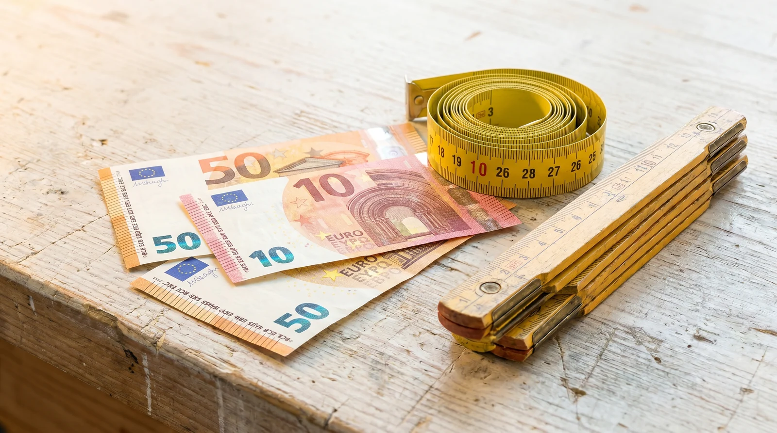 Euro-Scheine und Maßband auf einer Werkbank als Sinnbild für Wertschöpfung