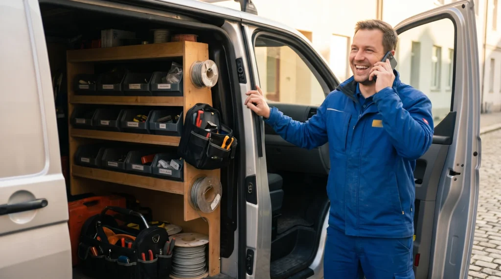 Handwerker am Telefon vor dem Transporter