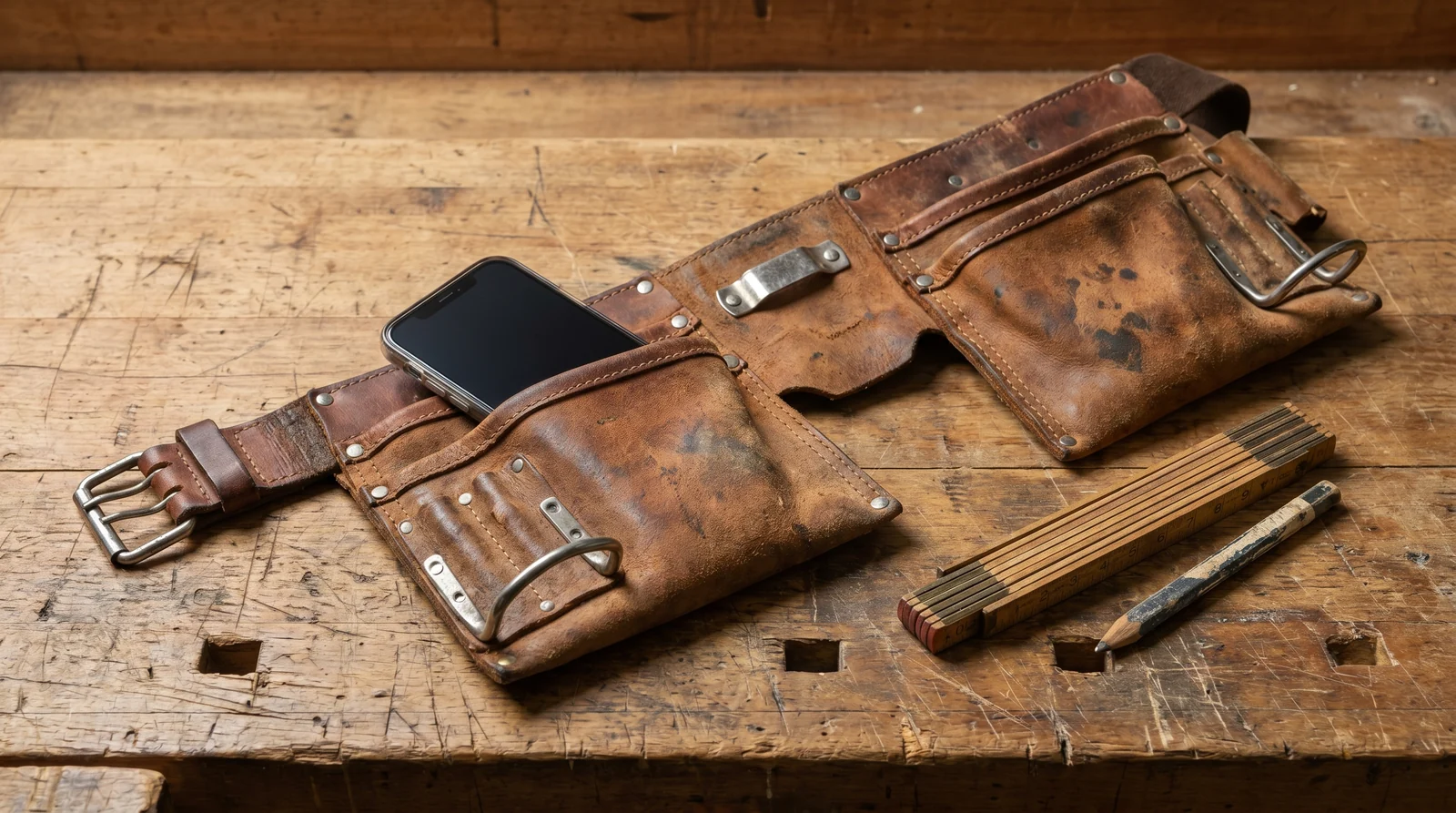 Lederner Werkzeuggürtel mit eingestecktem Smartphone auf einer Werkbank