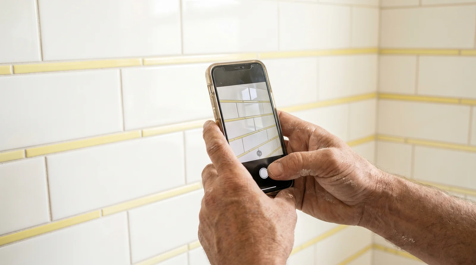 Hände fotografieren mit dem Smartphone eine frisch verfliest Wand