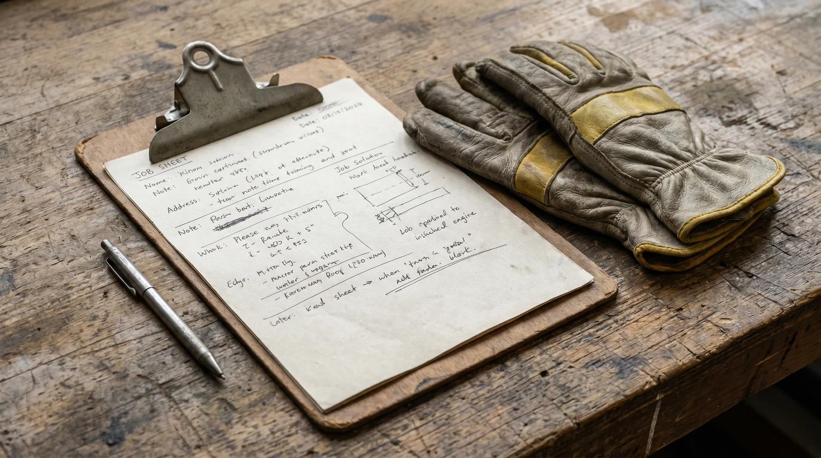 Klemmbrett mit Papier-Arbeitsschein, Stift und Arbeitshandschuhen auf Holz