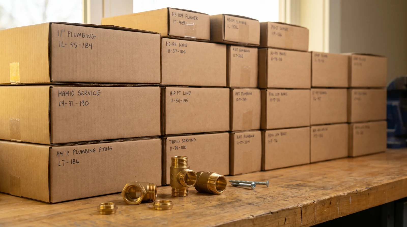 Ordentlich gestapelte beschriftete Materialkartons und Fittings auf der Werkbank