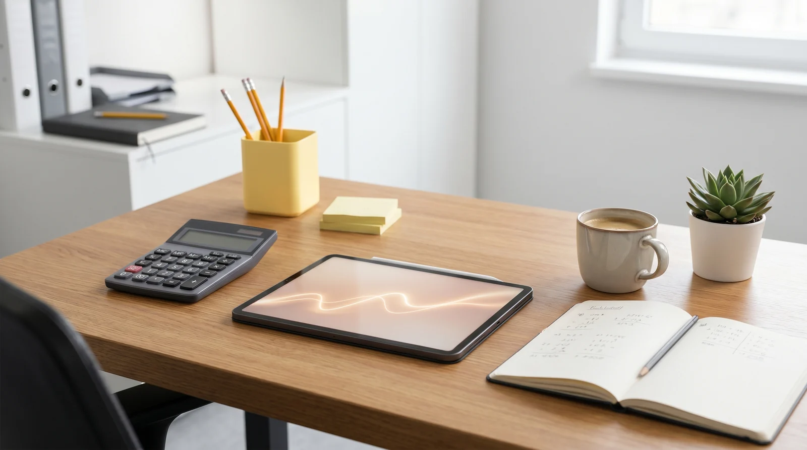 Werkstatt-Schreibtisch mit Taschenrechner und Tablet als Sinnbild für die Wirtschaftlichkeit