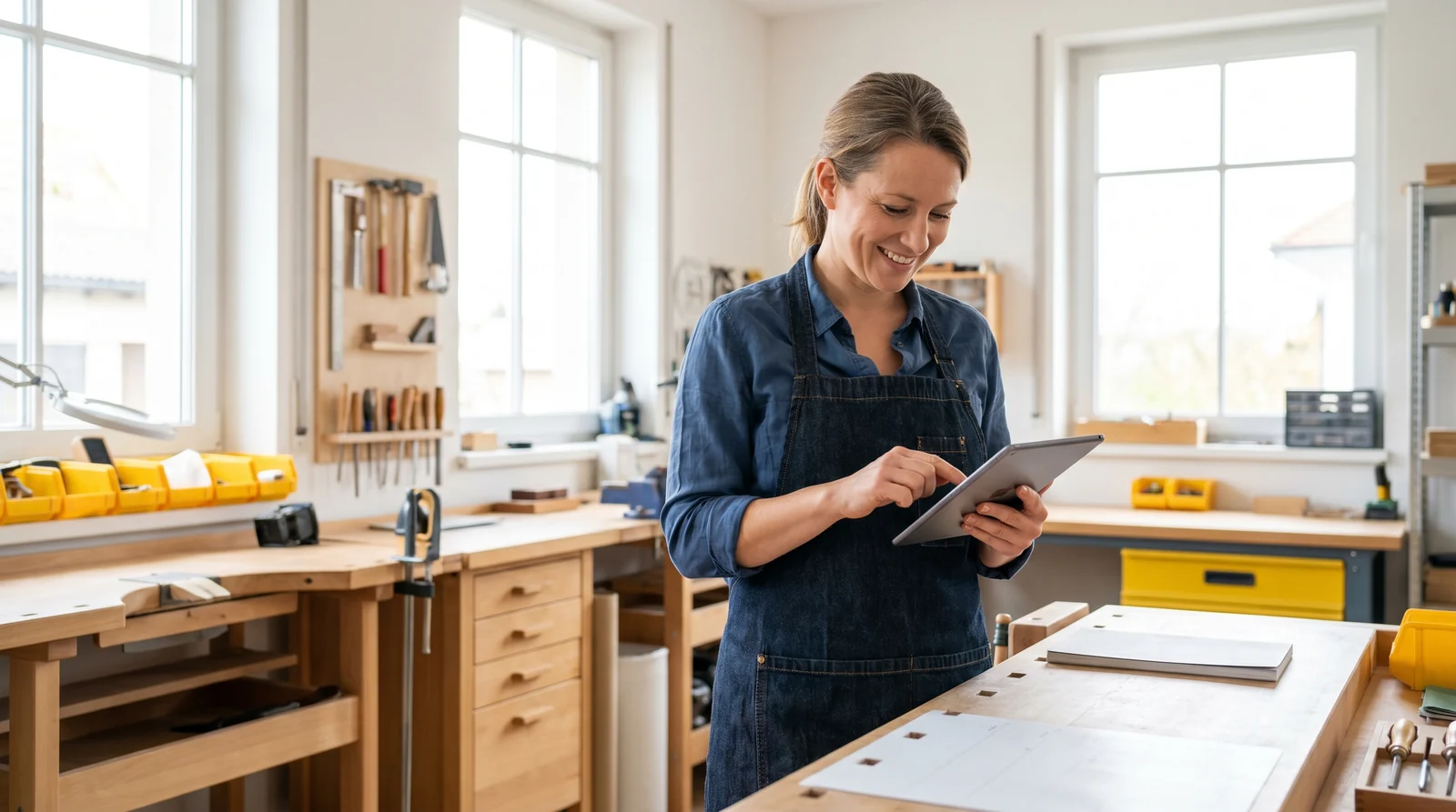 Handwerker prüft einen digitalen Terminplan auf dem Tablet in der Werkstatt