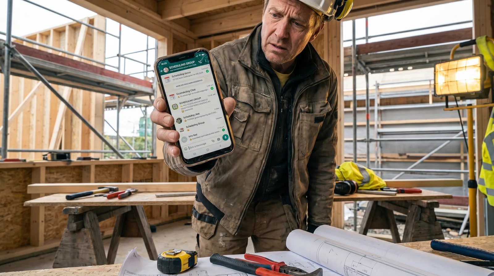 Handwerker schaut auf der Baustelle leicht überfordert aufs Smartphone