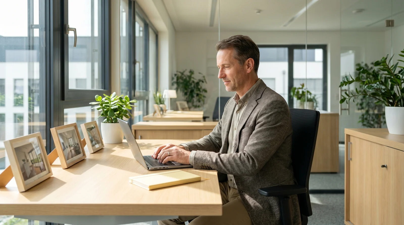 Immobilienmakler erstellt konzentriert ein Objekt-Listing am Laptop im hellen, modernen Büro