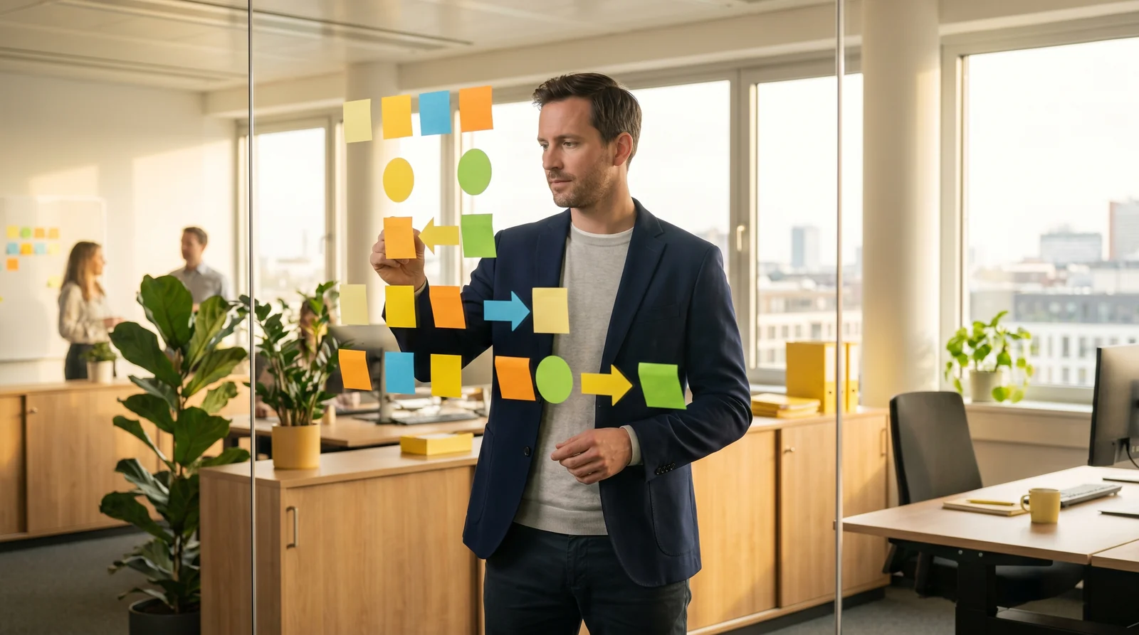 Immobilienmakler ordnet abstrakte Workflow-Karten an einer Glaswand im hellen, modernen Büro