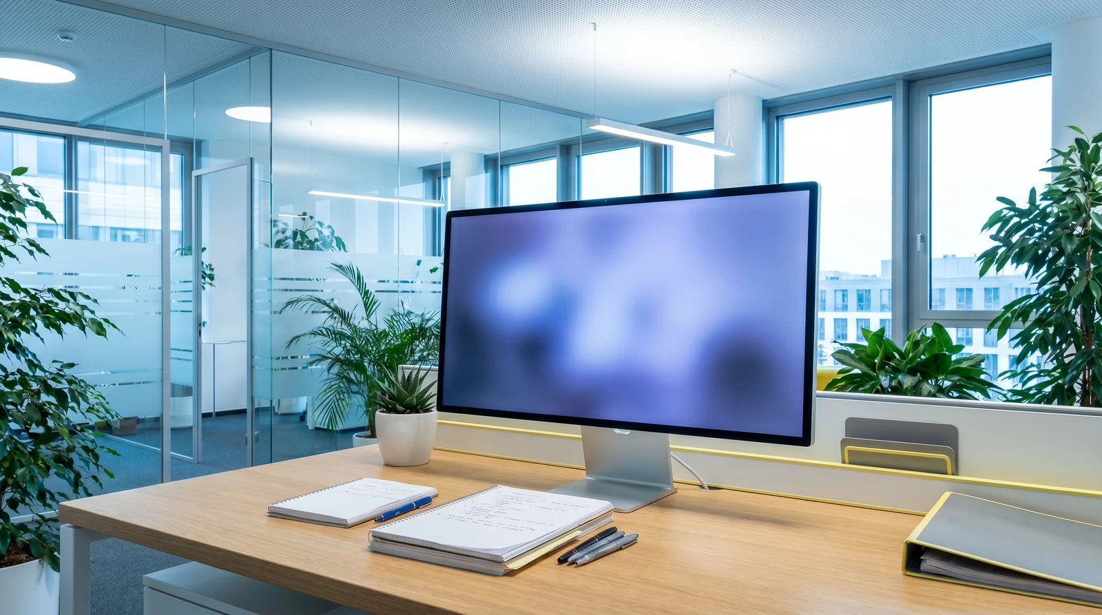 Heller Arbeitsplatz einer Hausverwaltung mit Monitor und abstrakter Auswertung