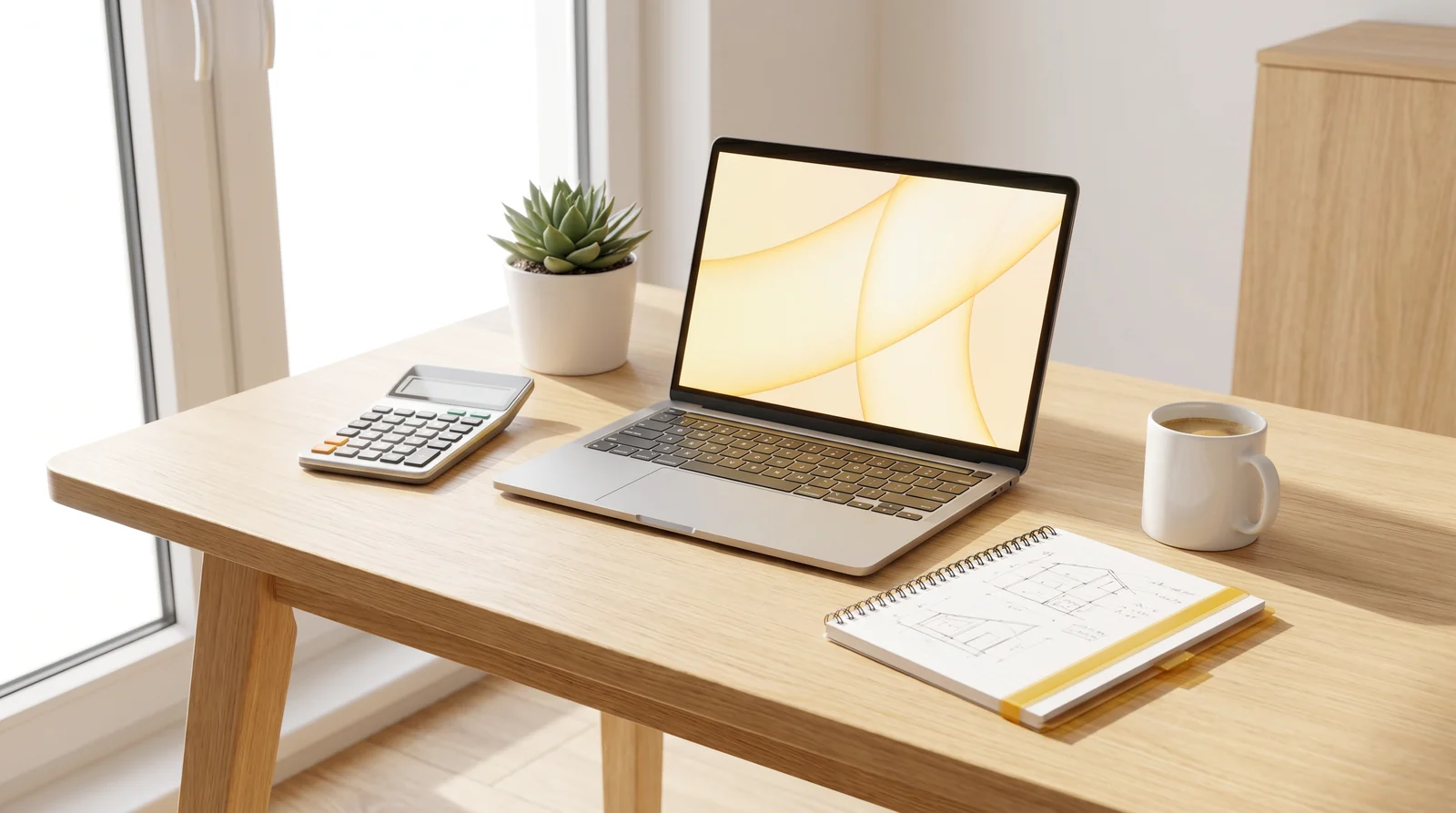 Schreibtisch mit Taschenrechner, Laptop und Notizen zur Wirtschaftlichkeit in der Hausverwaltung