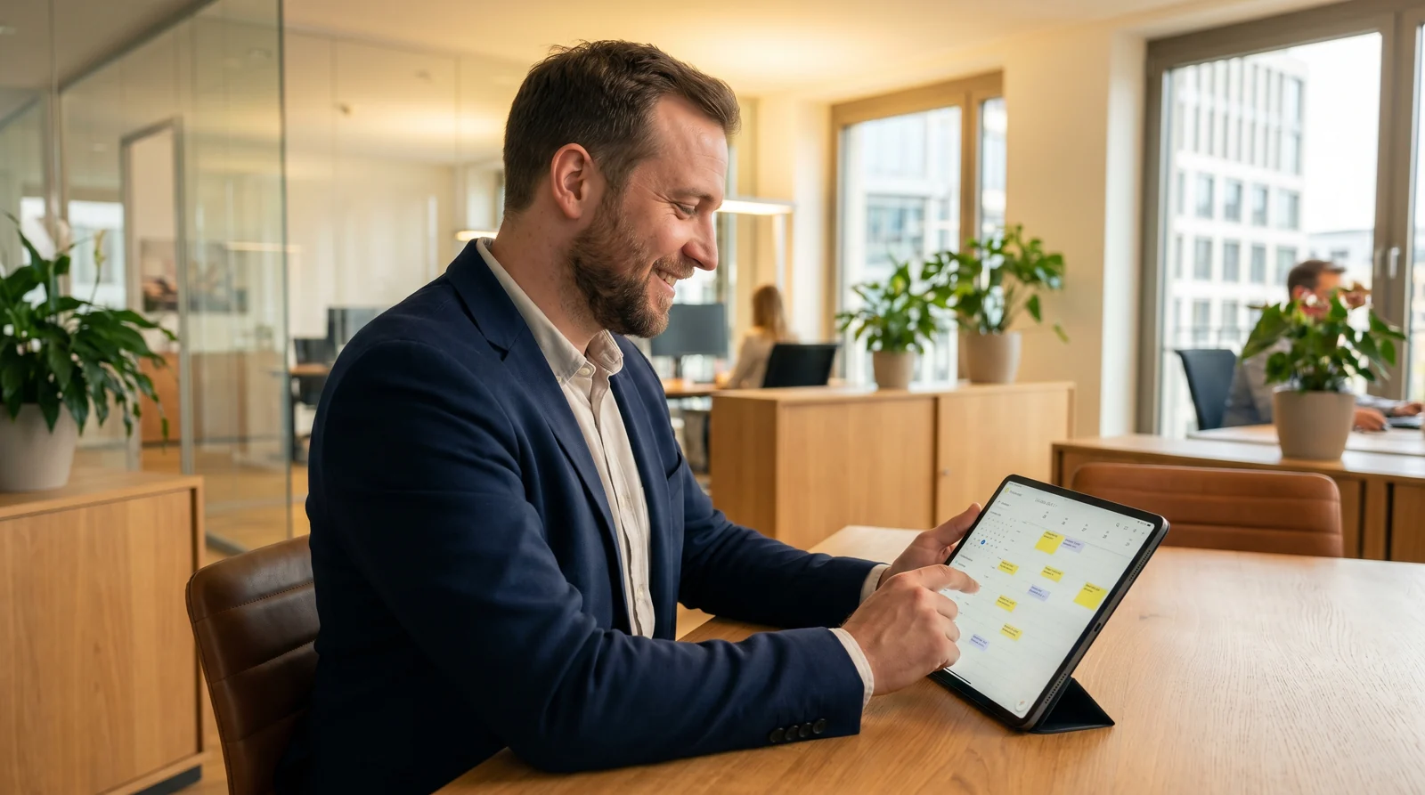 Immobilienmakler prüft einen digitalen Terminkalender entspannt auf dem Tablet im hellen Büro