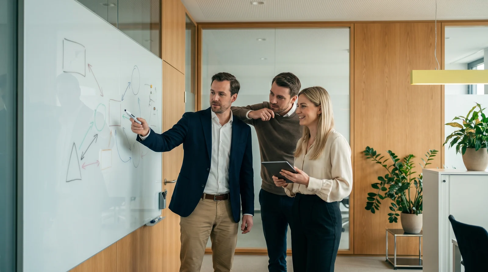 Maklerteam bespricht einen Einführungsplan an einem Glas-Whiteboard im modernen Immobilienbüro