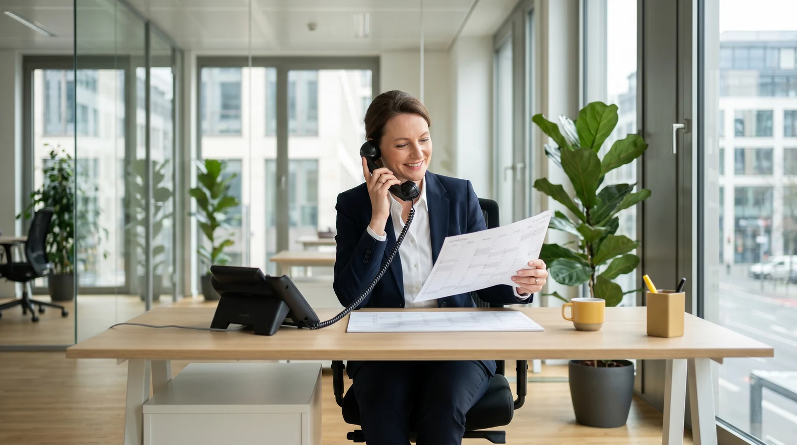 Immobilienmakler koordiniert Termine mit Telefon und Papierkalender im hellen, modernen Maklerbüro