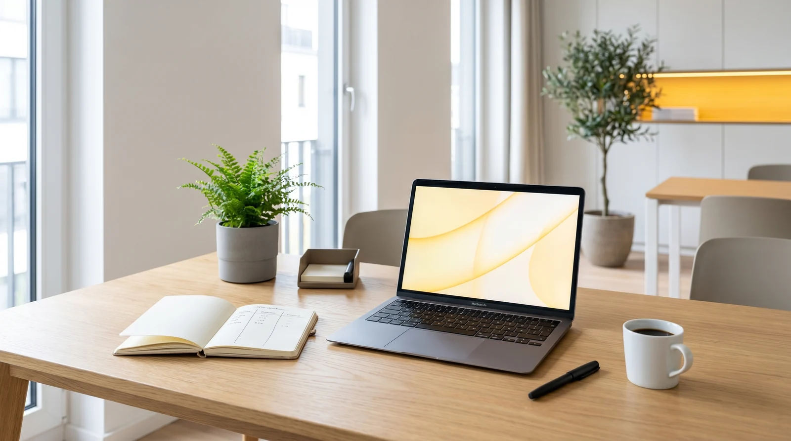 Aufgeraeumter Schreibtisch mit Laptop und Notizbuch zum Vergleich von Lösungsansätzen im Maklerbüro