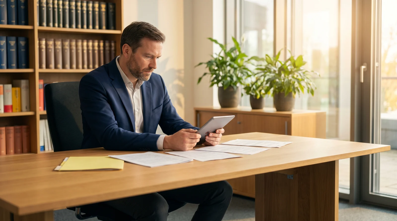 Rechtsanwalt prüft Dokumente auf einem Tablet am Kanzlei-Schreibtisch