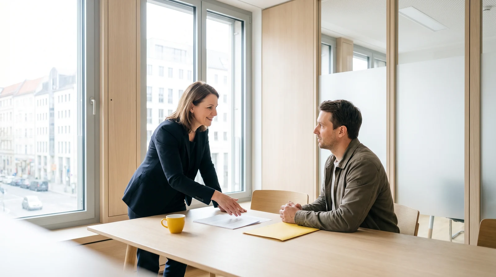 Anwalt im Erstgespräch mit einem Mandanten am hellen Besprechungstisch