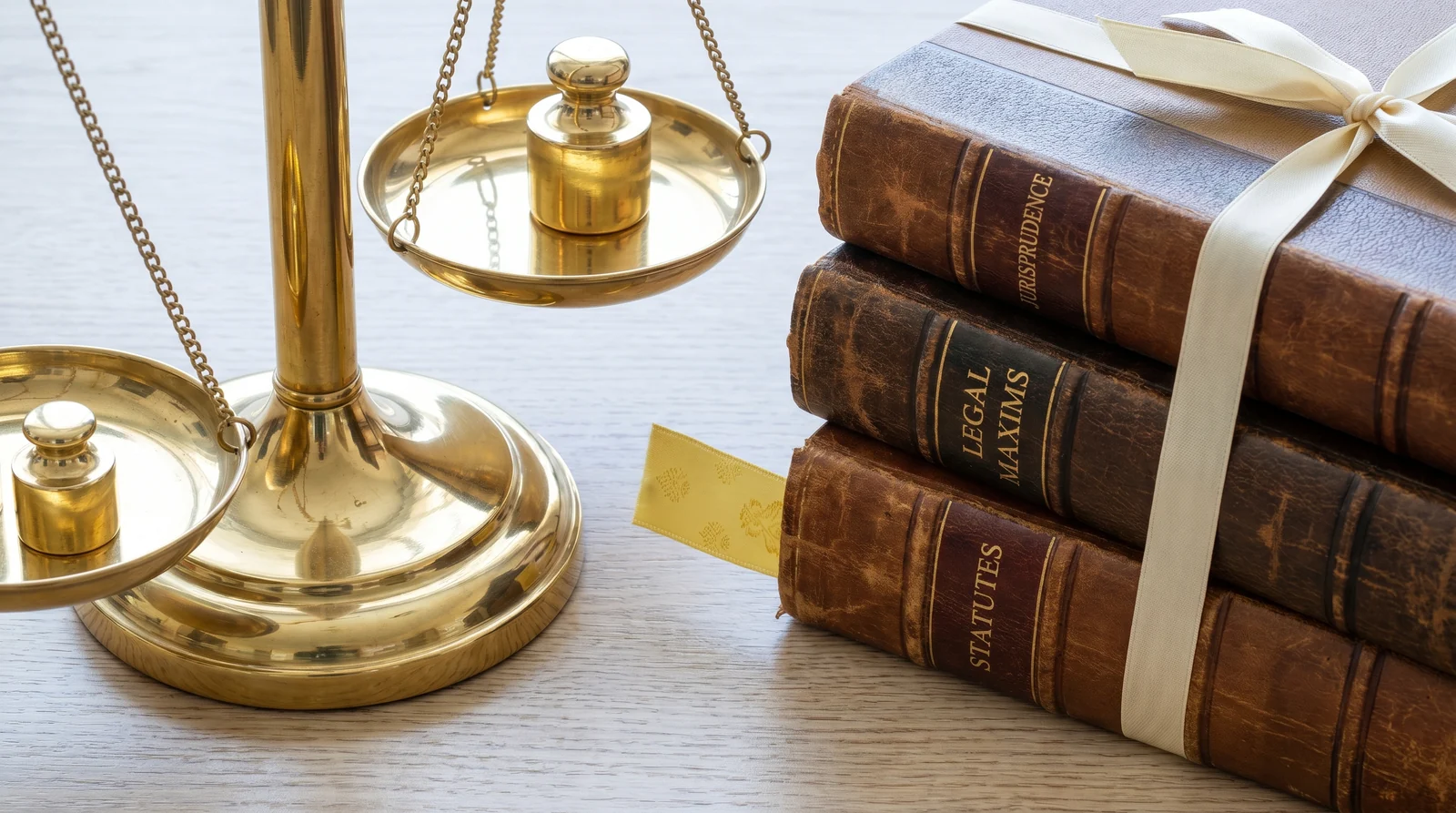 Messing-Waage neben gebundenen Gesetzbüchern auf hellem Schreibtisch als Grenze der Rechtsberatung