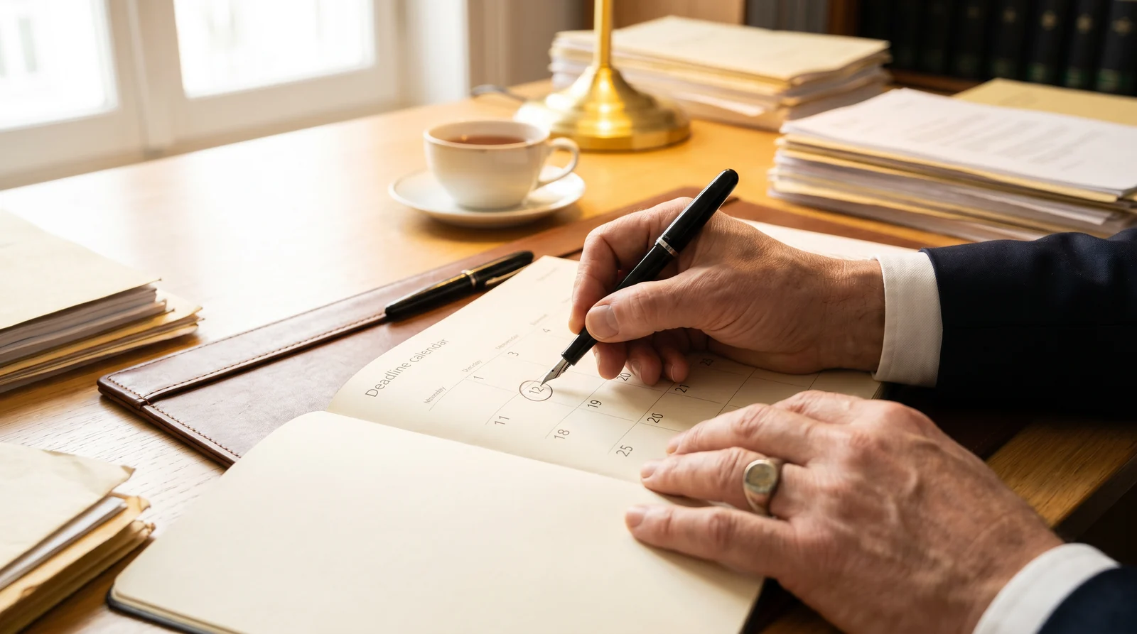 Hand markiert ein Datum in einem Papier-Fristenkalender mit dem Stift