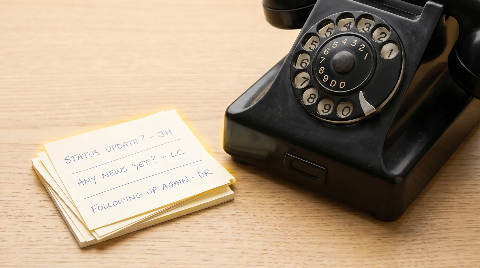 Tischtelefon mit Notizzetteln auf hellem Kanzlei-Schreibtisch als Sinnbild für Statusanfragen
