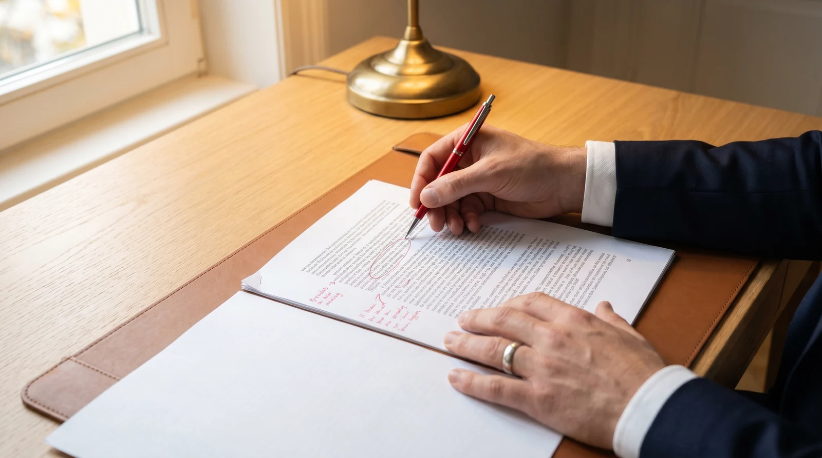 Hände annotieren einen gedruckten Entwurf mit dem Rotstift am hellen Schreibtisch