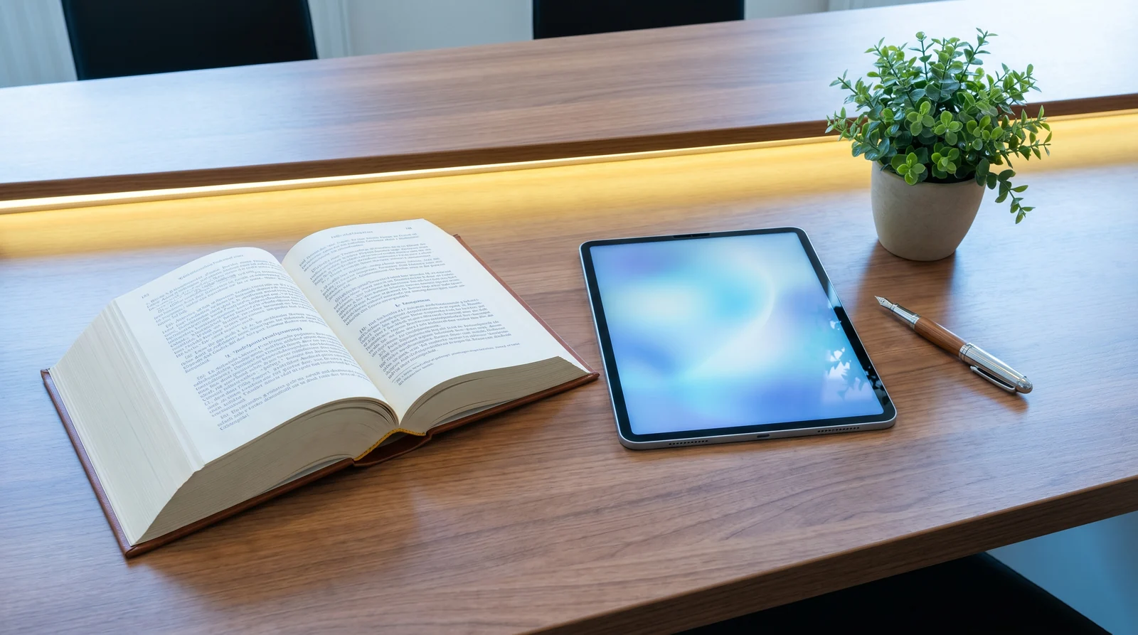Schreibtisch-Detail in einer Kanzlei mit aufgeschlagenem Gesetzbuch und Tablet