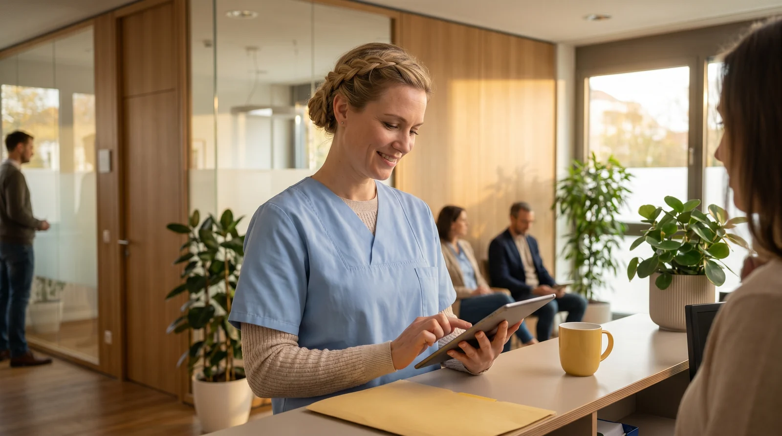Medizinische Fachangestellte arbeitet mit einem Tablet in einer hellen modernen Praxis