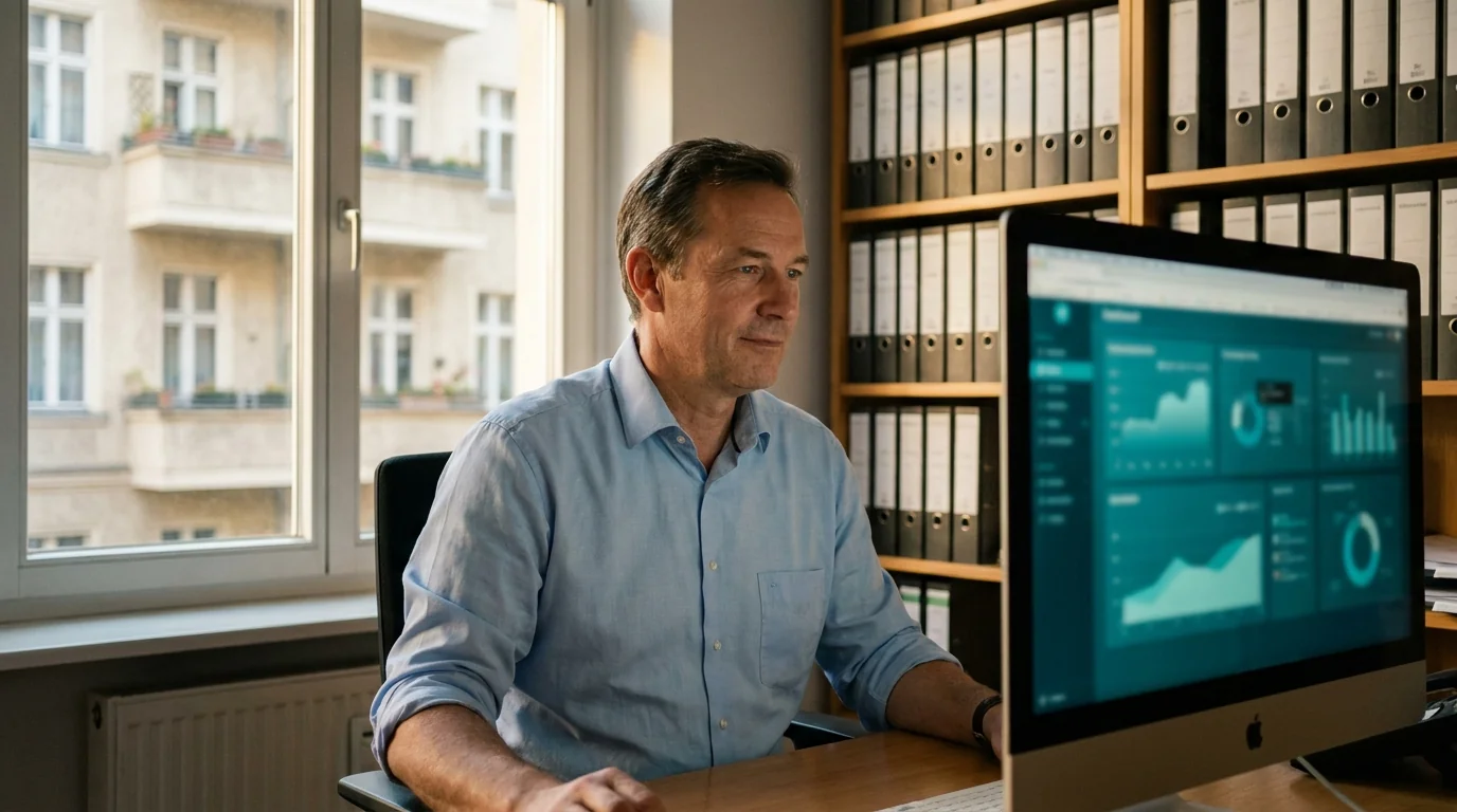 Hausverwalter arbeitet konzentriert am Rechner, während der KI-Telefonassistent eingehende Anrufe bearbeitet