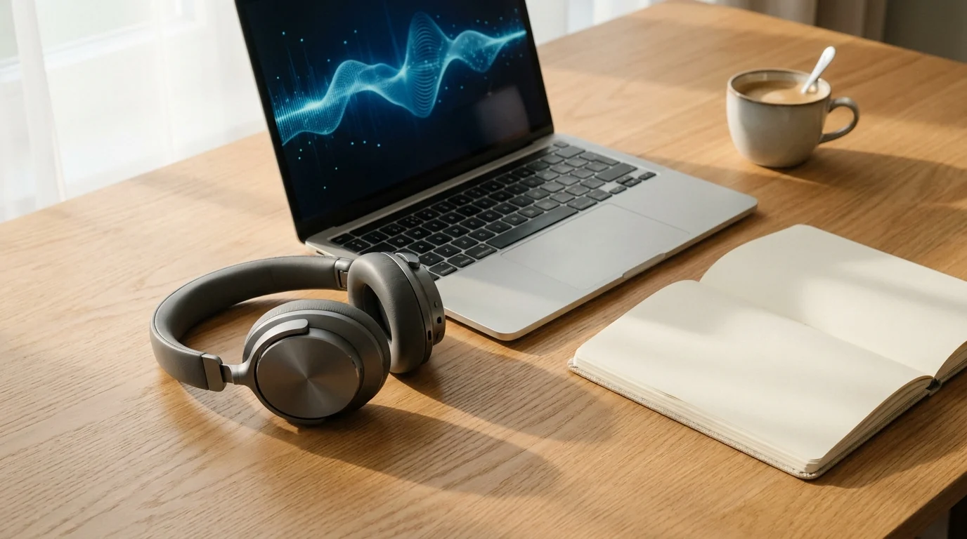 Headset neben einem Laptop mit blauer Sprach-Wellenform auf einem Schreibtisch