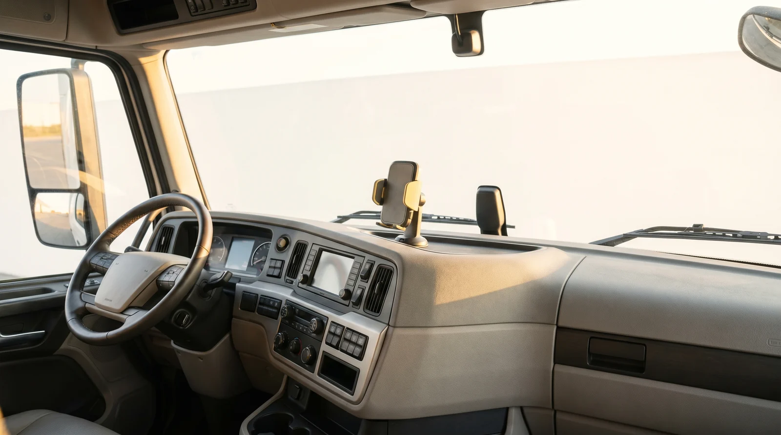 Aufgeräumtes Lkw-Cockpit mit Smartphone-Halter im hellen Morgenlicht