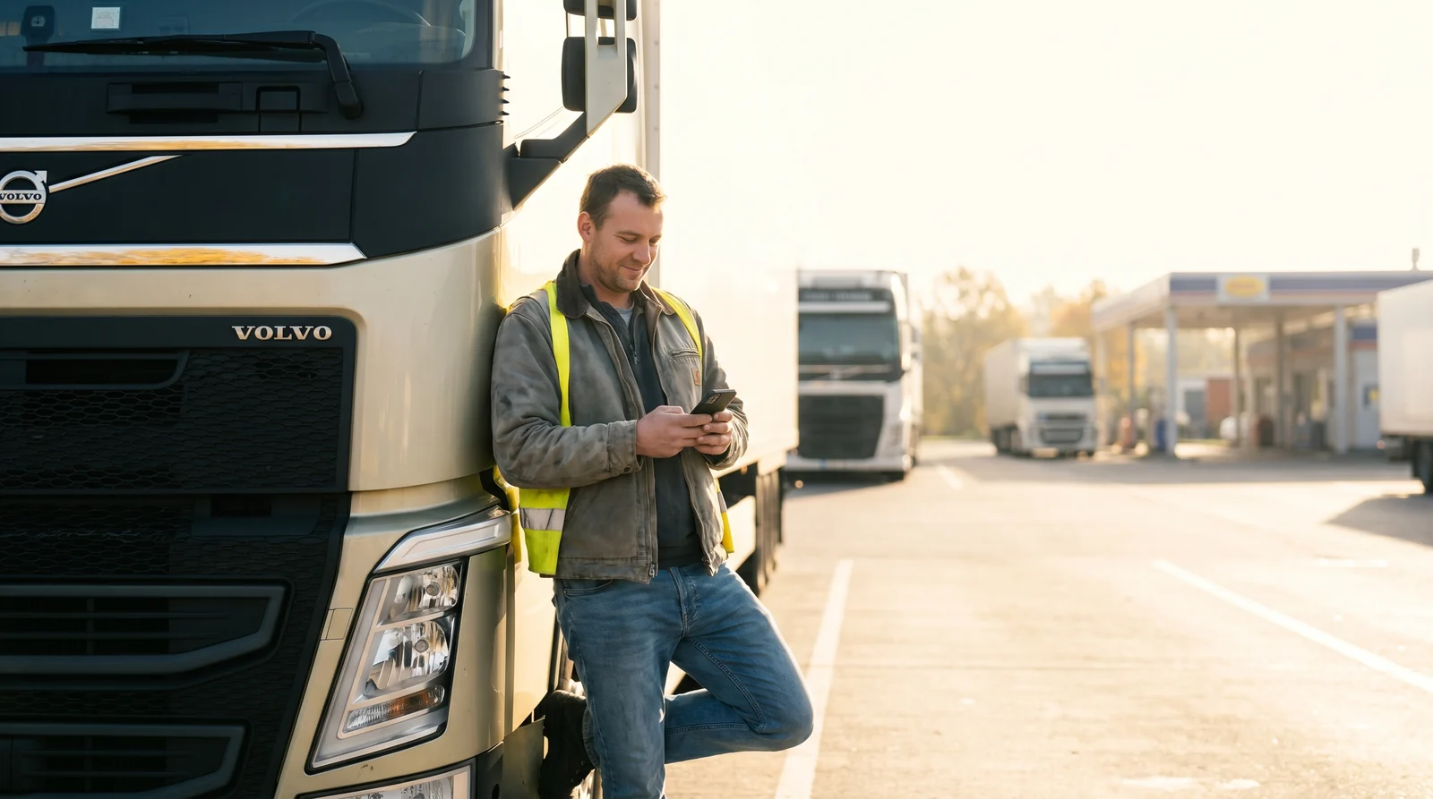 Fahrer lehnt am Lkw an sonnigem Rastplatz und prüft das Smartphone