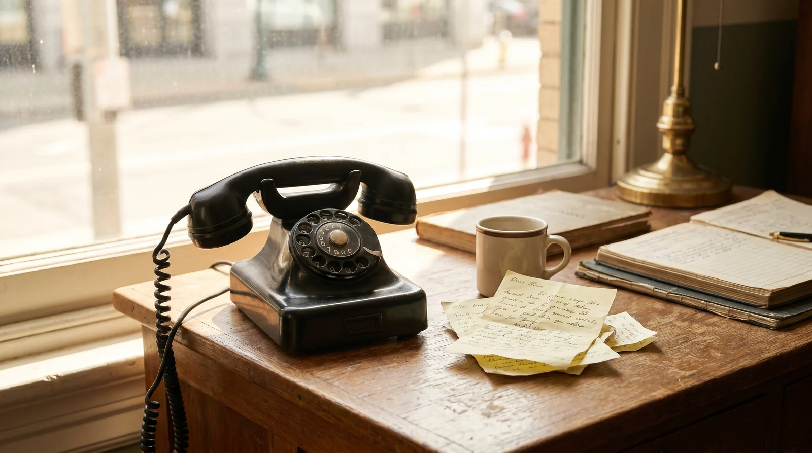 Tischtelefon mit Notizen auf sonnigem Dispo-Schreibtisch am Fenster